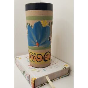 Talavera Style Terracotta Mexican Pottery Vase Hand Painted Colorful Floral